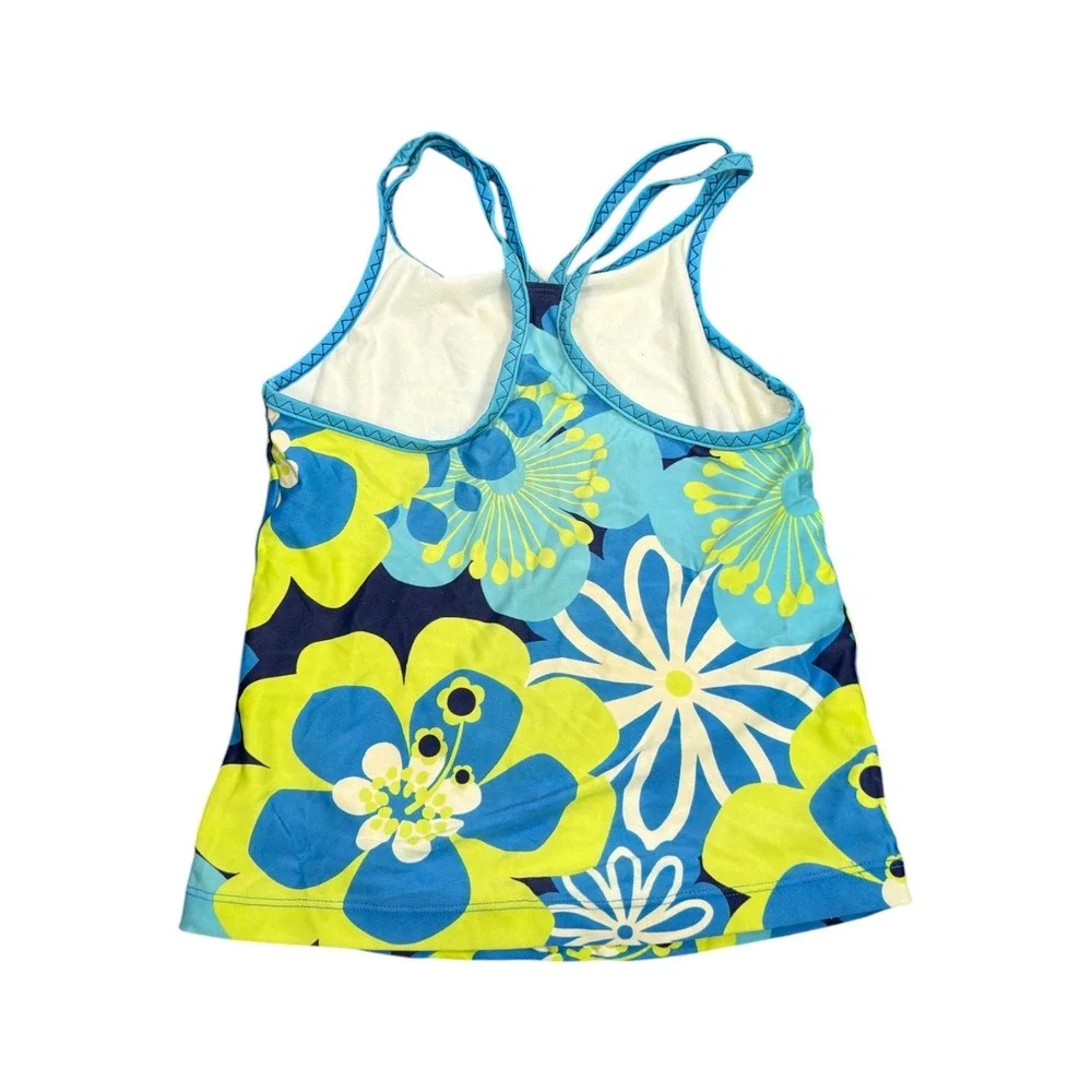 LL Bean Girls Blue Lime Green Floral Tankini Swim Top Racerback Size 10-12
